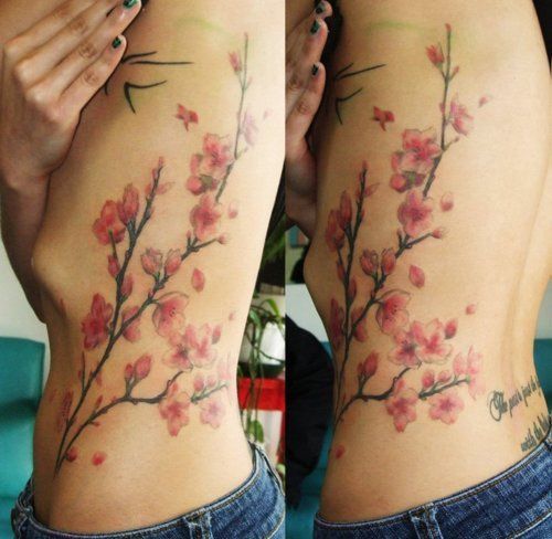 Full side branch & flowers cherry blossom tattoo