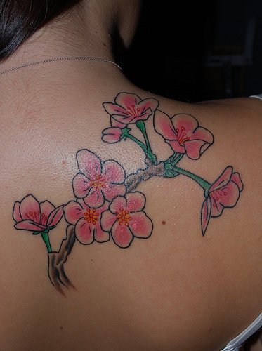 Small green branch & flowers cherry blossom tattoo