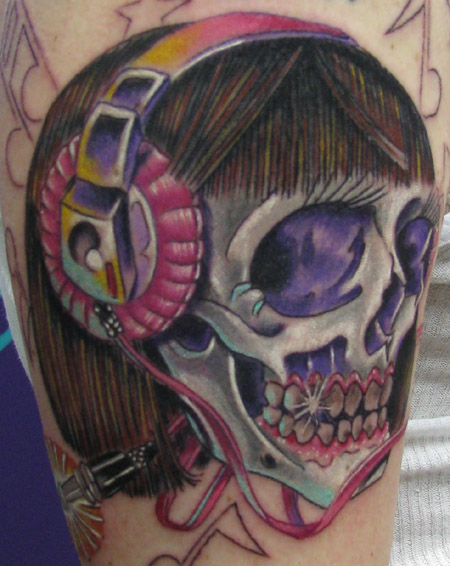 Tattoo uploaded by Pokeyhontas  HandPoked Skull with Headphones Tattoo by  Pokeyhontas  KTREW Tattoo Birmingham UK  Tattoodo