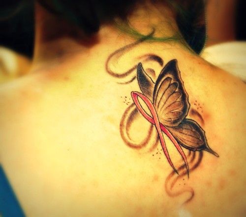Cancer ribbon butterfly tattoo