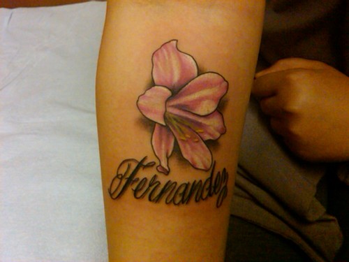 Pink tulip & name flower tattoo arm