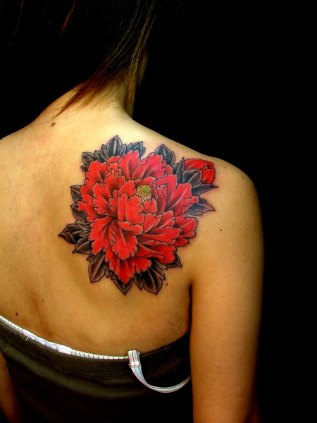 Back & shoulder red carnation flower tattoo