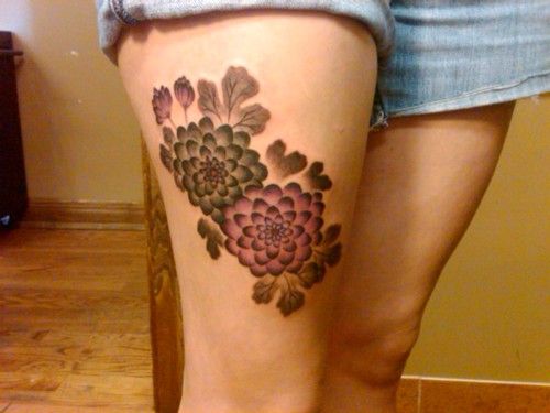 Dahlia blossom flower tattoo on leg