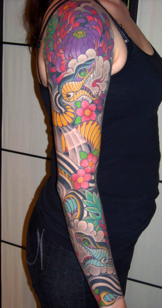 Womens sleeve of colorful snake  flower tattoo