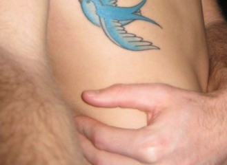 Blue swallow tattoo on guy’s side