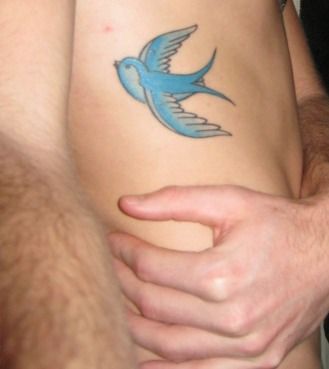 Blue swallow tattoo on guy’s side