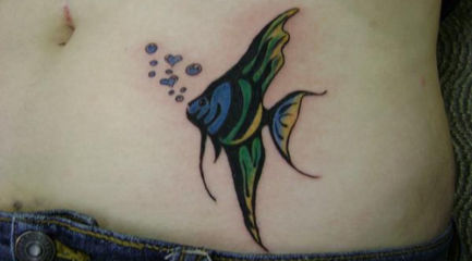 Angel fish tattoo with heart bubbles