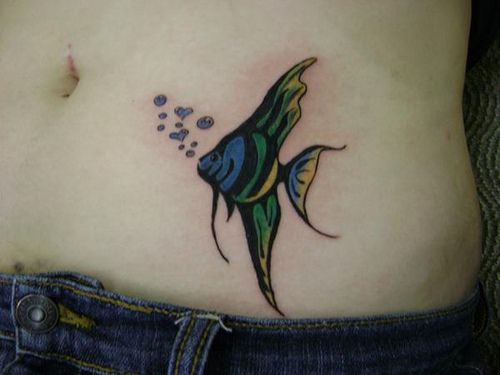 Angel fish tattoo with heart bubbles