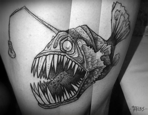Black and white angler fish tattoo