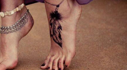 Black feather charm tattoo on girls ankle
