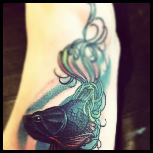 Colorful betta fish foot tattoo