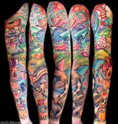 Colorful full sleeve tattoo w/ animals and nature scene