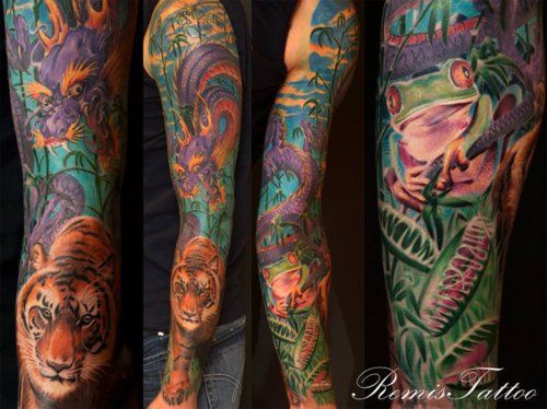 Colorful jungle scene sleeve tattoo