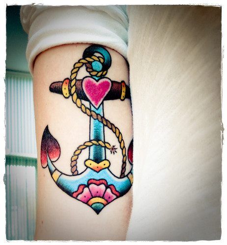 Colorful old school anchor tattoo with heart