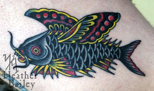 Crazy flying carp fish tattoo