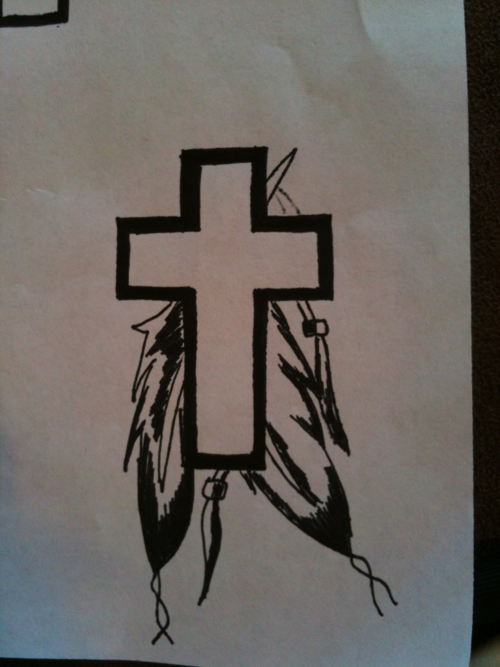 Cross and feathers tattoo design idea