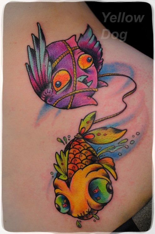 Cute cartoon bird and fish tattoo