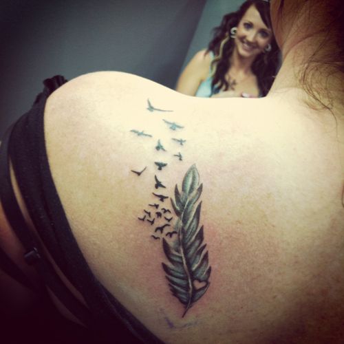 Feather and flock of birds tattoo with heart