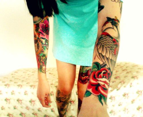 Girls full and half sleeve tattoos w/ flowers and birds