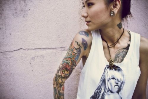 Girls full sleeve tattoo w. demon girl and broken lock