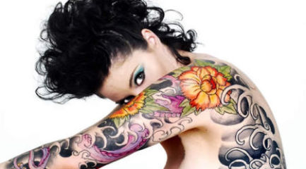 Girls Japanese sleeve tattoo w/ waves, flowers, and dragon