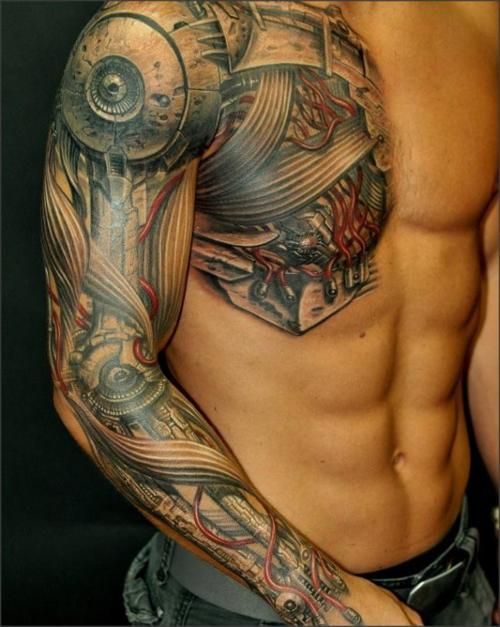 Guys bio-mechanical full sleeve and chest tattoo