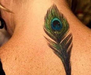 Peacock feather tattoo on girls back