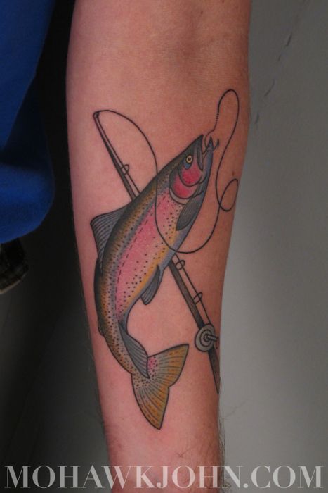Rainbow trout arm tattoo with flyrod