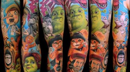 Shrek characters full sleeve tattoo
