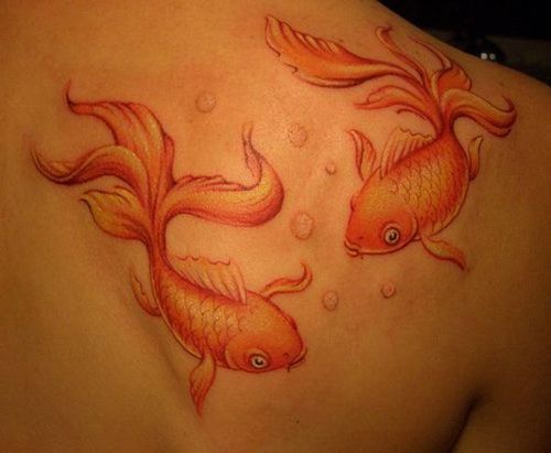 Traditional goldfish tattoo on girls back