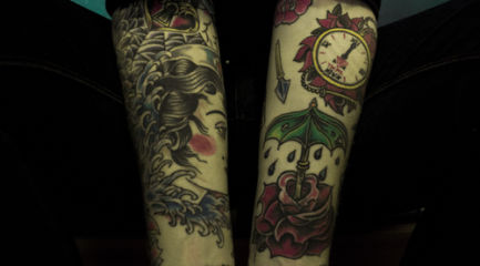 Two half sleeves w/ face, rose, clock, and writing