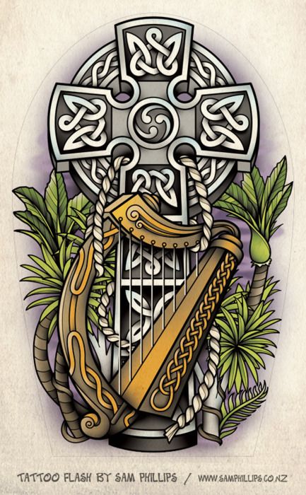 Celtic cross and harp tattoo design