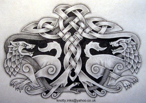 Celtic knot tattoo design with wolves and snake