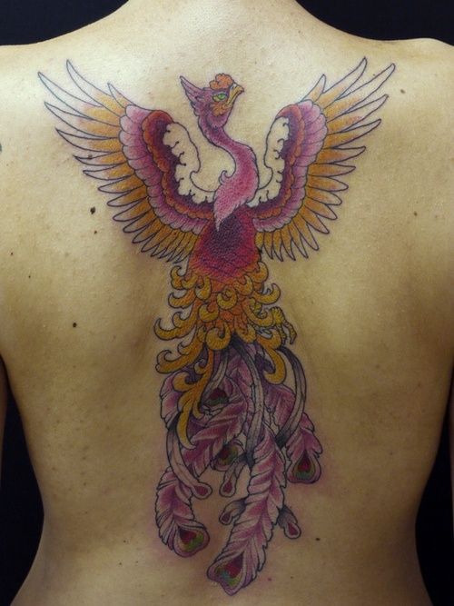 Colorful full back phoenix tattoo