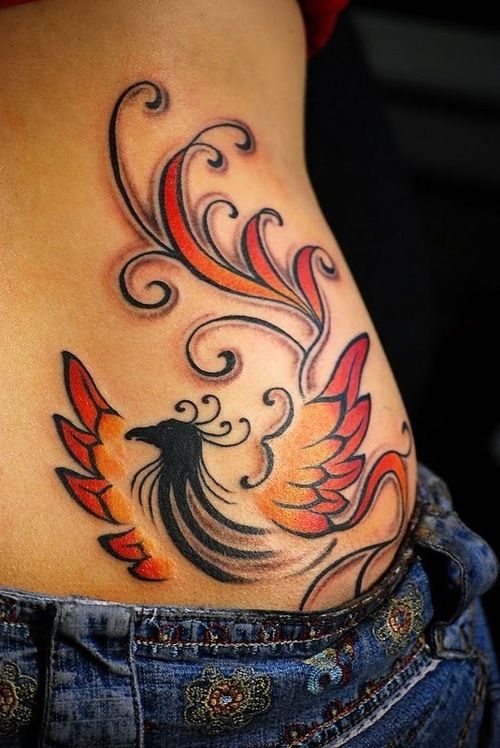 Cute phoenix tattoo on girls hip