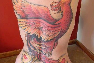 Girls detailed back phoenix tattoo in fire colors