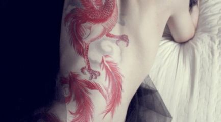 Girls full back red phoenix tattoo with feathers