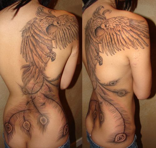Girls half back phoenix tattoo in black