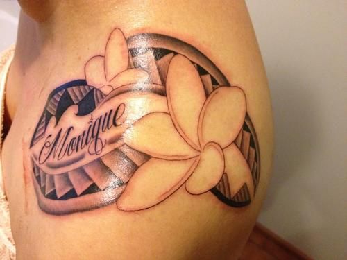 Girls Polynesian shoulder tattoo with name
