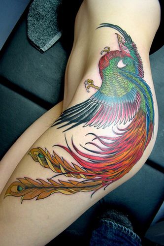 Huge colorful phoenix tattoo on girls hip