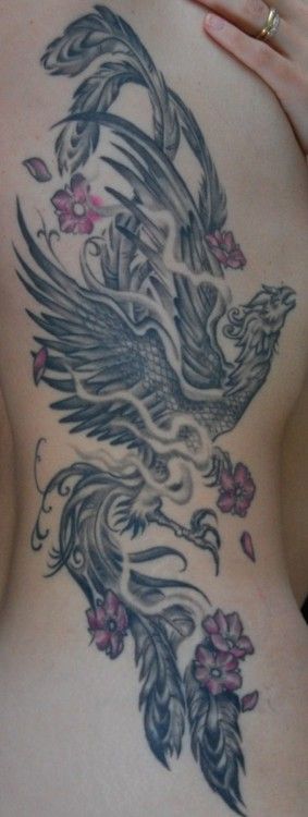 Japanese phoenix on girls side with cherry blossoms