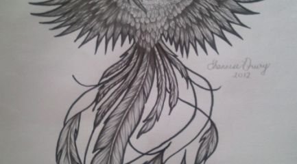 Phoenix tattoo design with long feathers in black