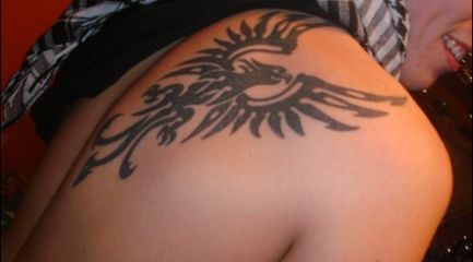 Tribal phoenix tattoo on guys shoulder