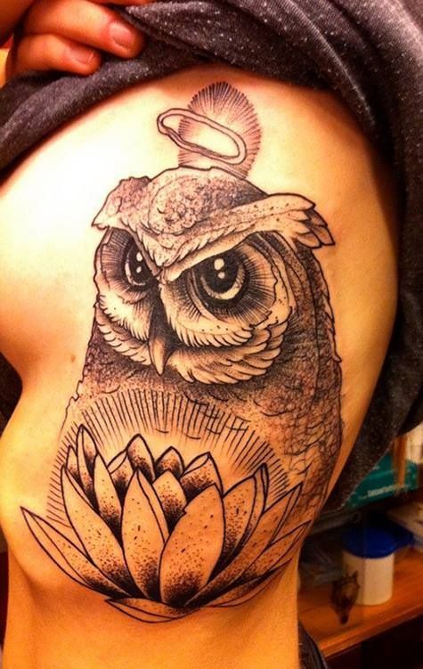 Black &amp; white owl tattoo w/lotus flower and halo